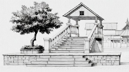 Black and White Architectural Sketch of Building with Staircase and Tree