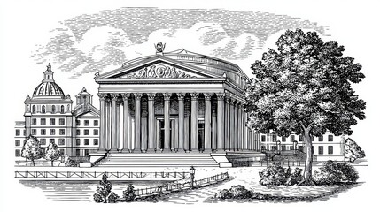 Black and White Illustration of Classical Building with Columns