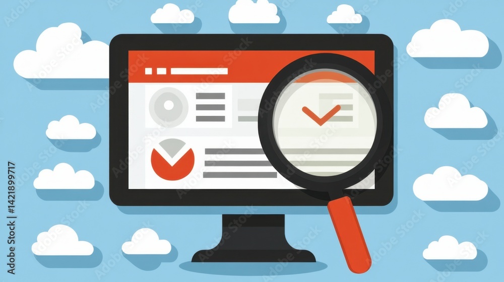 Poster magnifying glass inspecting a computer screen displaying data charts and a profile icon, set against
