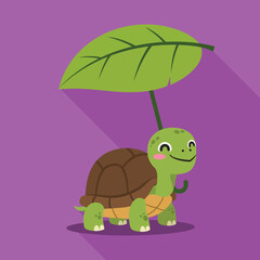 Cute green turtle holding a large leaf umbrella on purple background vector illustration 