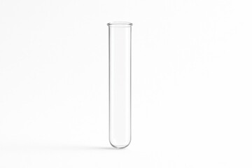 A simple, clear glass test tube stands upright against a pure white background, symbolizing laboratory research and scientific experiments, offering a minimalist visual appeal.