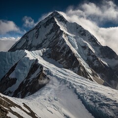A dramatic view of K2&rsquo;s Abruzzi Spur, with clouds swirling at the summit and sunlight breaking through to reveal treacherous seracs and crevasses.
