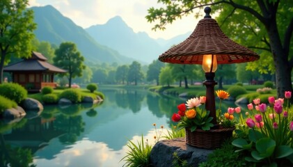 Wicker lamp with flowers near a pond under cloudy sky, lamp, garden