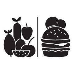 Choice good bad nutrition fat eating versus isolated Vector Silhouettes White Background.