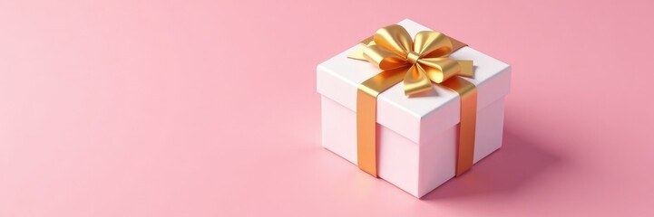 Obraz premium White gift box with golden ribbon on a pink background with shadows, gift box, luxury, present