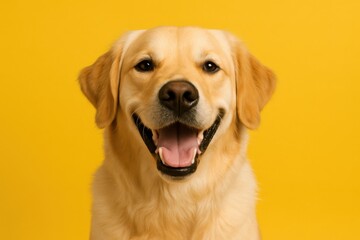 A cheerful golden retriever with a big smile, set against a vibrant yellow background that highlights its joyful personality and friendly demeanor.