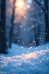 Softly glowing snowflakes fall gently on the ground, serene landscape, white flakes,