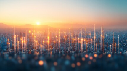 Warm sunset over a futuristic city skyline with glowing lights and energy beams