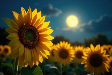 Obraz premium Softly glowing moon illuminates sunflower blooms, light, moonlight