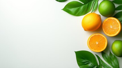 Vibrant citrus delight closeup of fresh oranges and limes with lush green leaves