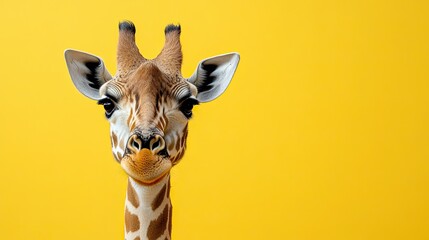 Giraffe portrait on yellow background, isolated and captured in a cute, playful manner