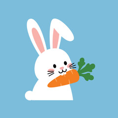 Obraz premium Cute white bunny holding fresh orange carrot in mouth on blue background vector illustration 