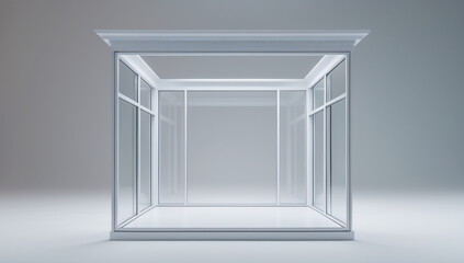 Fototapeta premium Clean, white, empty display case or showcase with glass panels, illuminated from above, against a soft background.