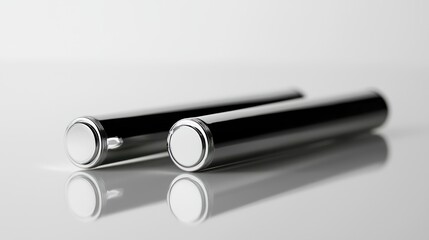 Two standing and one lying cosmetic tube on a reflective white surface.