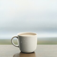 Obraz premium A simple white cup filled with light-colored liquid sits on a wooden surface, with a soft, blurred background creating a calm atmosphere.