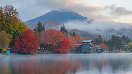 Breathtaking autumn at lake kawaguchiko  vibrant colors and majestic mount fuji in the background