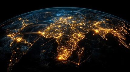 Obraz premiumGlobal Connection Network Illuminated on Dark Globe with Cinematic Lighting in 8K, AR 21:9