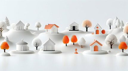 Miniature Winter Village Scene with Orange and White Houses
