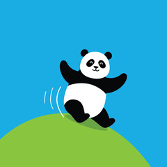 Naklejka premium Panda bear walking playfully on green hill with bright blue sky background vector illustration 