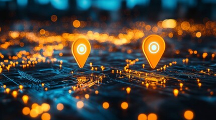 Abstract digital map with glowing orange location markers on a dark circuit board background.