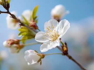 Delicate cherry blossoms blooming against a soft blue sky, symbolizing springtime renewal and natural beauty. Ideal for nature photography, floral designs, and seasonal greetings.