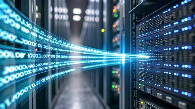 The image features a data center with illuminated server racks and visualized data flow represented by glowing binary code.