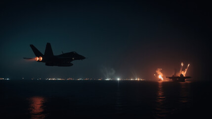 Fototapeta premium military jet flies over dark ocean, with explosions illuminating night sky and distant city lights reflecting on water