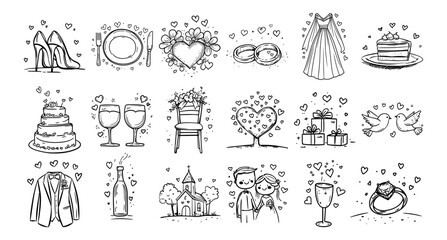 wedding icon set with rings, dress, cake, champagne, and couple