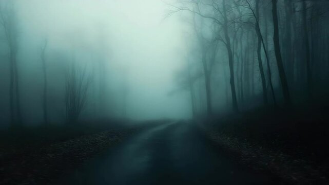 Winding road disappears into dense fog, dark shadowy trees. Eerie atmosphere, mystery and intrigue. Feelings of solitude and reflection. Unknown scary misty path through forest in night.