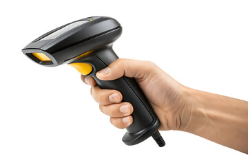 Hand holding barcode scanner for retail and inventory on transparent background
