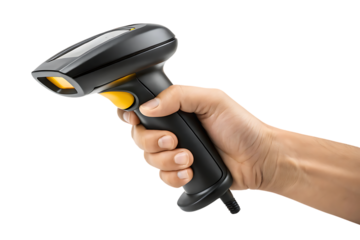 Hand holding barcode scanner for retail and inventory on transparent background