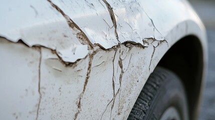 Close-up of cracked and damaged white car fender after accident.