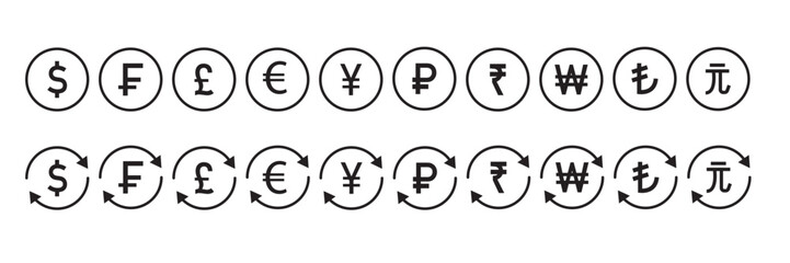 pound sterling Euro Yen Ruble Franc Lira Won Yuan and Rupee for money transfer and investment forex exchange concept , Illustrator and EPS file.