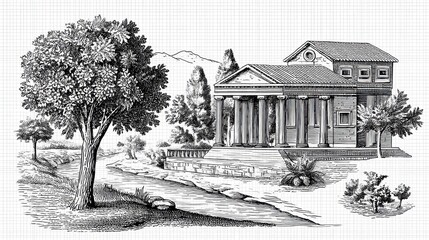Classical House Illustration Black and White Engraving of a Colonial Style Home with Trees