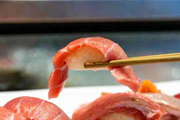 Window sushi in Japanese restaurants is a popular Japanese menu item.