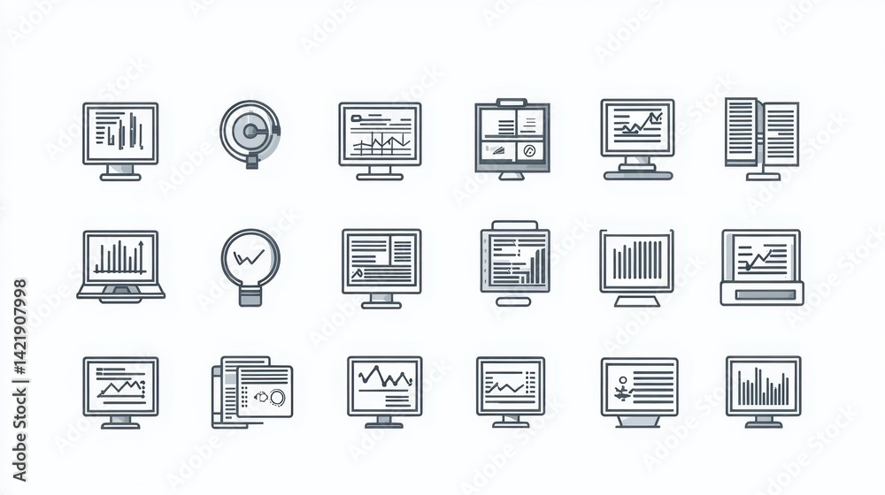 Poster collection of grayscale computer screen icons depicting various data representations, charts and gra