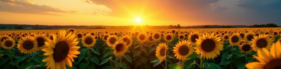 Obraz premium Evening sunlight casting long shadows on sunflower fields, sunset, landscape