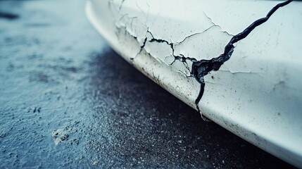 Crashed white car with peeling paint and cracked surface detail.