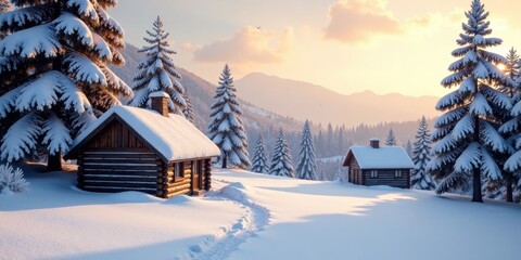 Fototapeta premium Serene Winter Landscape Featuring Two Cozy Wooden Cabins Nestled Amongst Snow Covered Evergreen Trees at Sunrise