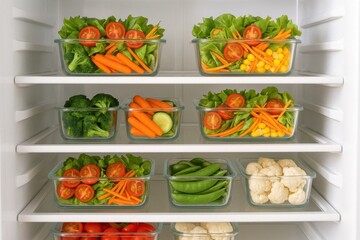 A well-organized refrigerator showcasing a variety of fresh vegetables in clear containers. Perfect for promoting healthy eating habits and meal preparation inspiration.