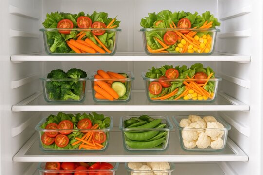 A well-organized refrigerator showcasing a variety of fresh vegetables in clear containers. Perfect for promoting healthy eating habits and meal preparation inspiration.