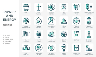 Energy source and power industry icon set with green energy concept