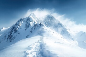 Obraz premium Mountain peak under cloudy sky with snow-covered landscape in wintertime