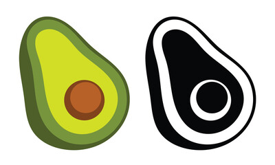 Simple avocado illustration with color and black and white versions.  Perfect for healthy food branding or recipes.