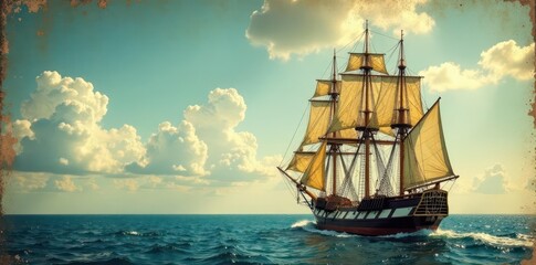 Grungy textured image, vintage tall ship at sea , adventure, nautical