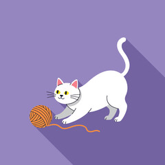Obraz premium White cat playing with orange yarn ball on purple background flat design vector illustration 