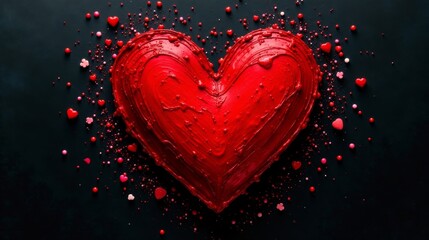A vibrant red heart-shaped confection, richly textured and dramatically presented against a deep black backdrop, is adorned with scattered red and pink confectionery sprinkles.