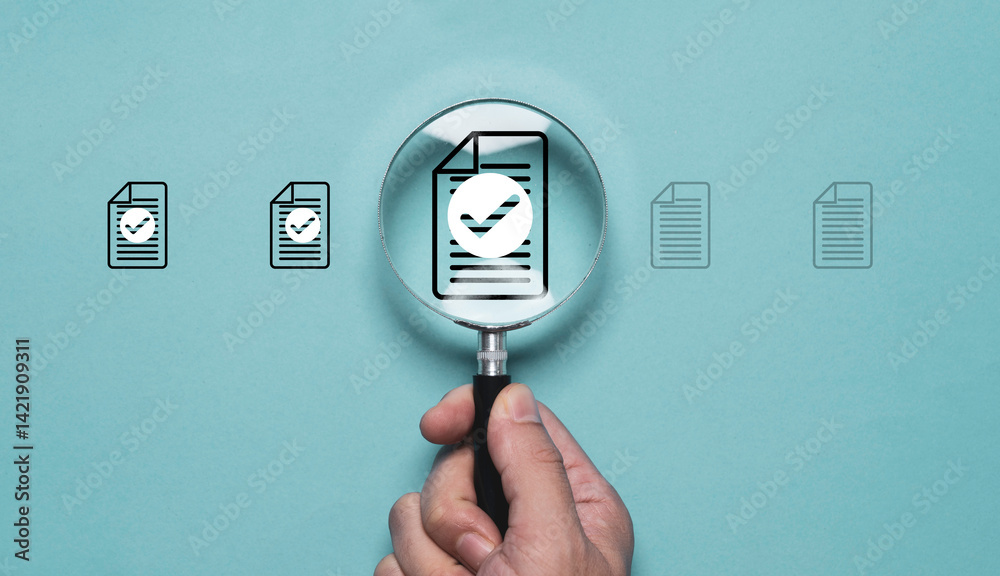 Poster hand holding magnifier glass with document and correct sign mark for project and document approval c