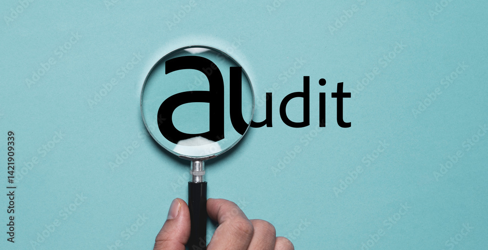 Poster audit wording with magnifier glass on white background for quality control assurance and iso concept