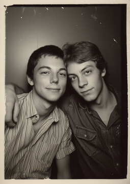 vintage film photo of gay couple with arm around each other, black and white photo booth from 1990s